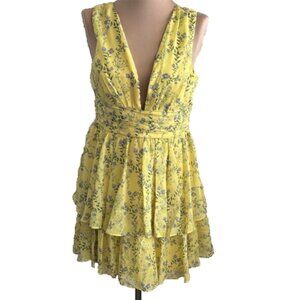 Aqua Luxe Floral Yellow Blue Mini Tiered Lined Dress Sz.L